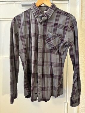 American Apparel Gray Plaid Button-Down Shirt with Pink Stripes